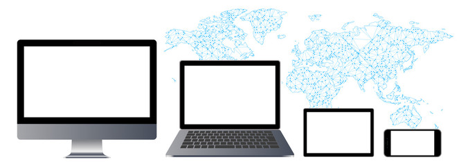 Digital network technology white background world map and laptop computer.