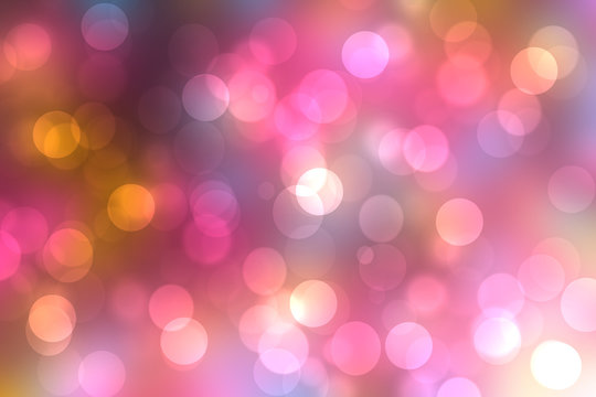 Abstract gradient purple pink yellow background texture with blurred bokeh circles and lights. Space for design. Beautiful backdrop illustration.