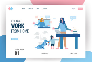 Obraz na płótnie Canvas Website landing page about home quarantine concept design. Multitasking mother work at home. Working online, cooking and take care kid and pet.vector illustration