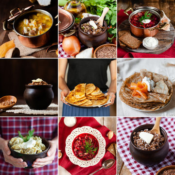 Collage of nine photos with traditional dishes of russian cuisine: beetroot soup borsch with cream, cooked buckwheat porridge, pelmeni, mushroom soup. Rustic wooden background. Woman holding plates
