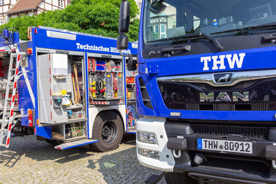 PEINE / GERMANY - JUNE 22, 2019: German technical emergency service trucks stands at public event, Day of the uniform. Technisches Hilfswerk, THW means technical emergency service.
