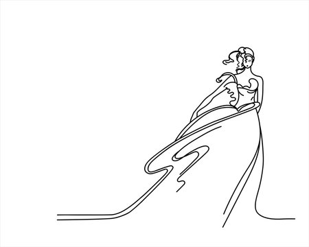 Girl in a long dress. Stock illustration. Black and white graphics. Minimalism.