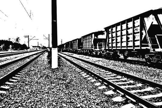 Image of a railway with cars. Vector illustration. Overlay template.