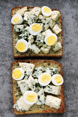 Keto toasts with blue cheese and egg. Healthy breakfast or snack. Keto diet.