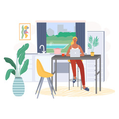 Woman sitting on chair with laptop computer and working from home. Freelance work and convenient workplace vector concept. Kitchen interior. Distance work, online study, education.