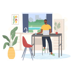 Man sitting on chair with laptop computer and working from home. Freelance work and convenient workplace vector concept. Kitchen interior. Distance work, online study, education.