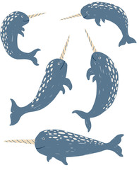 Narwhal vector illustration.  Cute hand drawn cartoon narwhal set isolated on white background © Anastasiia