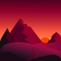 Sunset landscape with hill, sunlight, nature, background, vector illustration