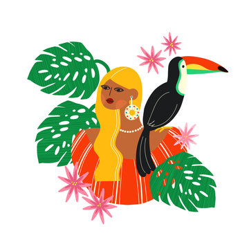 Girl holding toucan vector illustration. Female loves and protects tropic birds with monstera leaves on background. Caring about ecology and fauna. Wildlife protection and rescue concept.