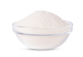 Sugar in glass bowl isolated on white background