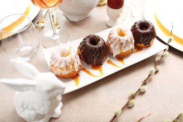 Christmas pastries. Shortcake with icing. Cakes, Easter cake on the holiday table.