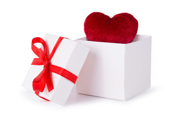 White box with red heart bow and ribbon isolated on white background