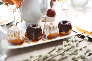 Christmas pastries. Shortcake with icing. Cakes, Easter cake on the holiday table.