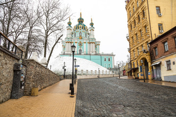 Kyiv, Ukraine - March, 22, 2020: Orthodox St. Andrew's Church. St. Andrew's descent - old town.