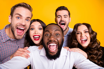 Closeup photo of gorgeous ladies guys five members company students graduation party best friends buddies make take selfies positive emotions expression isolated yellow color background