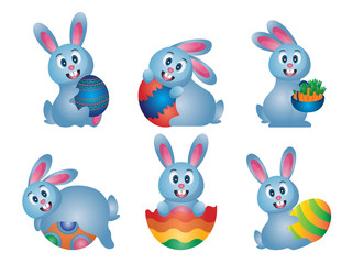 Fototapeta premium Set of cute easter cartoon rabbits with easter eggs and easter elements. Easter bunny and carrot. Illustration of easter celebration.