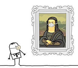 Cartoon man with a mask watching a famous Mona Lisa with a mask