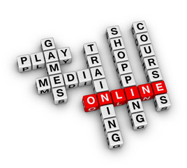 Stay at home online. Coronavirus Covid-19 quarantine or self-isolation concept. 3D crossword puzzle.