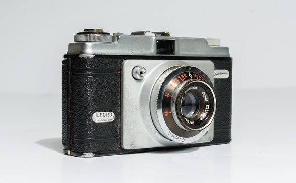 london, england, 05/05/2019 Iilford sportsman 35mm Film Auto focus SLR Camera Body and 45mm fixed lens Japanese. retro vintage classic film camera body rangefinder style.