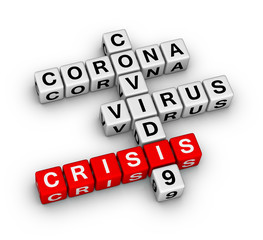 Coronavirus COVID-19 econonic crisis. 3D crossword puzzle on white background.