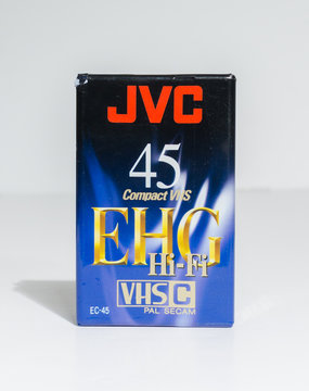 london, england, 05/0/2020 JVC VHS-C hi fi EHG 45 minute compact vis video recorder tape, isolated on a white studio background. retro vintage sealed camcorder video tape for recording.