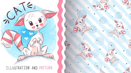 Cute love cat - seamless pattern.