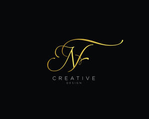 Letter NF Logo Design, Hand Written NF Monogram In Gold Color