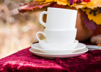 A pair of white cups with saucers on a red velvet tablecloth