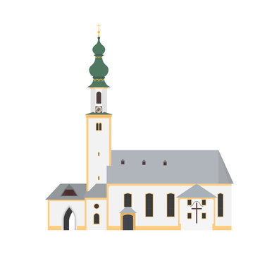Church of St.Giles (Saint Aegidius) in austrian town of St.Gilgen on Wolfgangsee lake. Exterior facade of european christian church with clock on bell tower. Vector flat architecture illustration