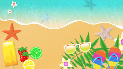Summer beach illustration with sandals, glasses, popsicles, star fish, fruit, and flowers. - 335371299