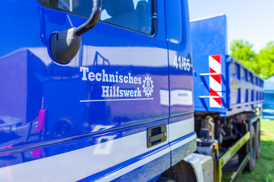 Delmenhorst / Germany - May 6, 2018: German technical emergency service sign on a truck. Technisches Hilfswerk means technical emergency service.