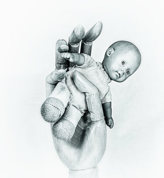 eine Stoffpuppe in einer h&ouml;lzernen Hand