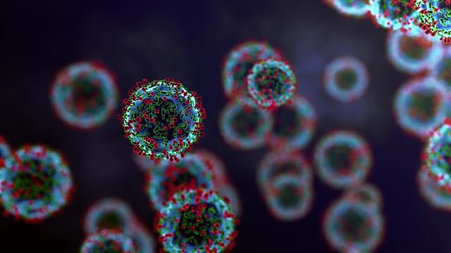 Virus Covid-19 infection 3D medical illustration. Microscopic view of floating China pathogen respiratory influenza virus cells. Dangerous asian ncov corona virus, pandemic risk background.Covid virus