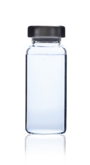 Vial Bottle of medical ampoule with blue liquid with reflection isolated on a white background. The science Hyaulonic acid, anesthetic,