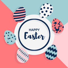 Obraz premium Happy Easter card with cute Easter eggs decorated and greeting text. Vector illustration in trendy flat cartoon