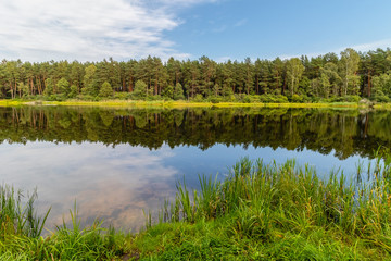 Rural landscape with lake, forest surrounding, green grass on the lake shore. Relaxation on summer day