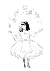 Mad Tea Party of Alice. Hand drawn illustration of young black haired girl with different tea equipment . Pen drawing on white background