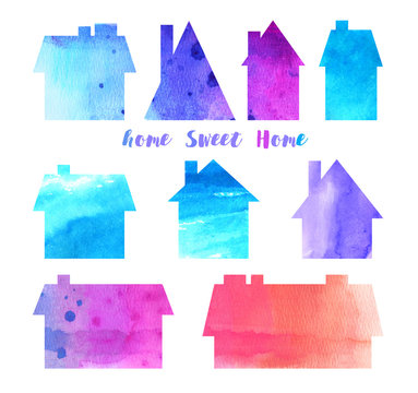 House sky blue fresh stay home work isolation icon watercolor isolated set white background button banner