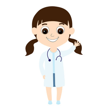 Happy Little Girl Child In Doctor Clothes Waving Hello. A Cute And Friendly Character For Medical Illustrations To Those Kids So That They Are Not Afraid To Go To The Doctor. Professions.