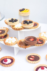 tartaletas y pasteles de frutas en mesa blanca 