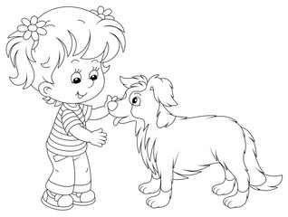 Cheerful little girl walking and playing with a small border collie, black and white vector cartoon illustration on a white background