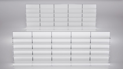 3D image side view of two simple empty shelves rows staying behind each other