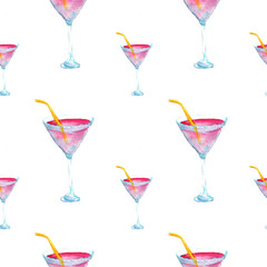 Cocktail glass seamless pattern. Summer fun background. Beach, bar and tropical leaves