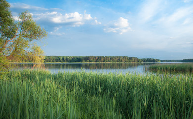 landscape with lake and blue sky