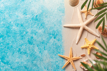 summer beach background with shell sea star blurred Palm vacation and travel concept, Flat lay top...