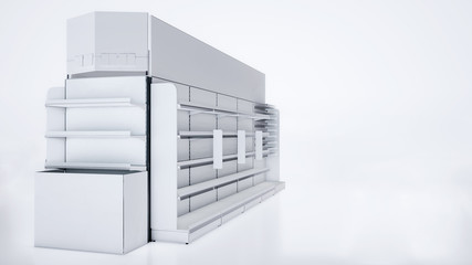 3D image side view of grocery shelves. Also it has shelf stoppers, big side stoppers, toppers and front/end shelves. On the white isolated background.