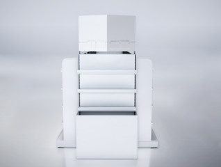 3D image front view of grocery shelves with big side stoppers, complex front topper and shelf cover.