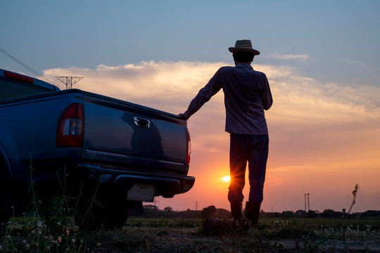 Rear View Of Male Farmer Standing Looking At Farmland At Sunset, Farm Activity Preparation, Traveling By Pickup Truck