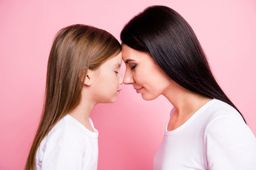 Fototapeta premium Close-up profile side view portrait of nice attractive lovely sweet cute careful dreamy adopted foster long-haired sisters cuddling touching noses upbringing isolated on pink pastel color background