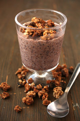 Chocolate chia pudding in a glass jar